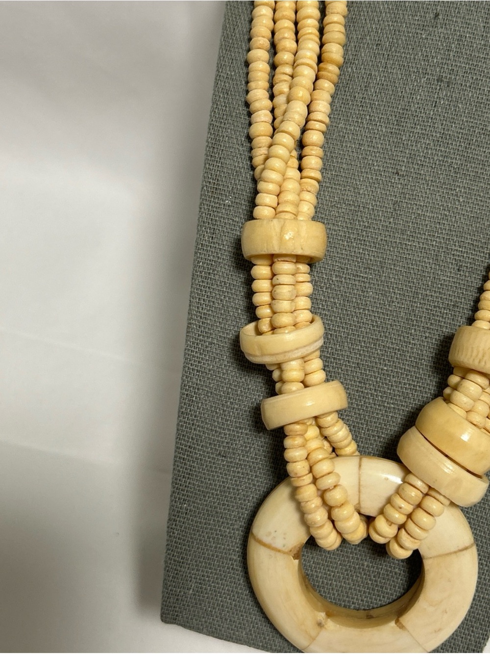 Beaded Ivory-Tone Statement Necklace - Multi Strand Ring Pendant